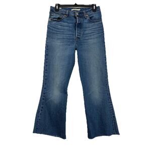 Levis Ribcage Flare Jeans Womens 28x24 Cropped Raw Hem High Rise Button Fly